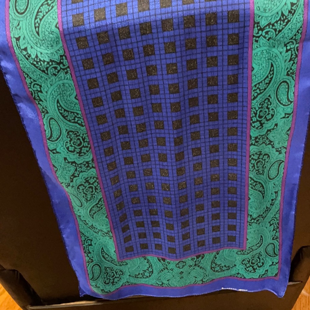 Silk scarf black plaid, navy, Kelly green, used in great shape